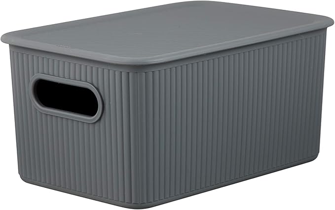 Decorative Plastic Basket Lidded Home Storage Bins Organizer Baskets, Medium Grey (1 Pack - 5 Liter) Stackable Container Box, for Organizing Closet Storage Bins for Shelves - Ribbed Collection