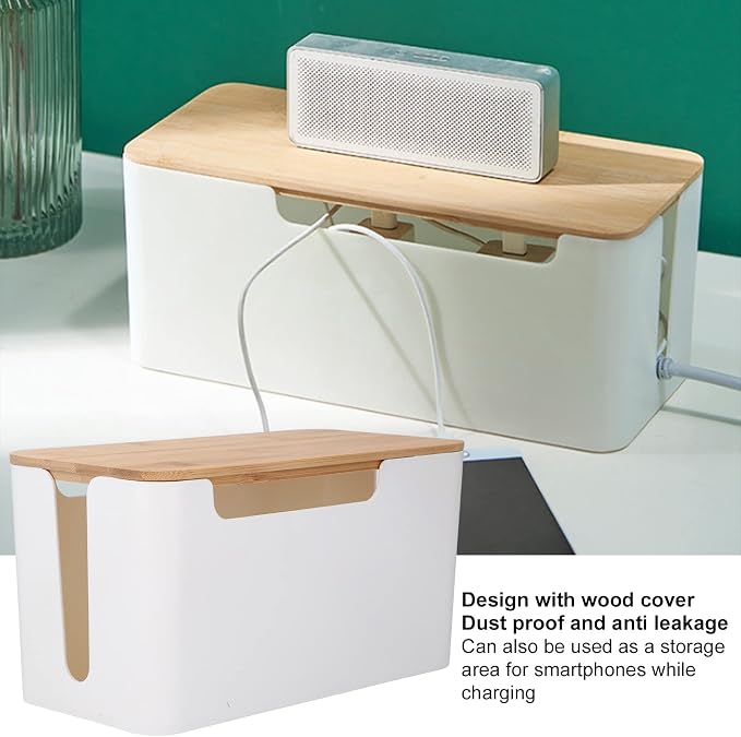 HERCHR Cable Management Box, Small Desk Cord Organizer with Wooden Lid, Cable Box Organizer Power Socket Management for Hiding TV Wires Routers Computers Wires