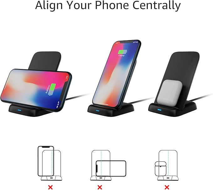 Amazon Basics 10W Qi Certified Wireless Charging Stand for Phone 16/15/14/13/12/11/X, Samsung, and More, with USB Cable, Black (No AC Adapter)