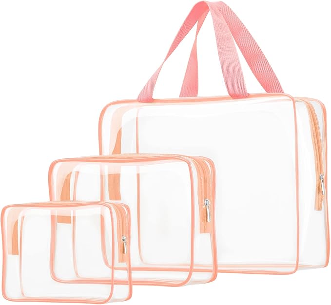 3pcs Clear Cosmetic Bags, TSA Approved Toiletry Bag Set Crystal Clear Travel Beach Essentials Bag Organization PVC, Clear Makeup Bags Luggage Pouch Carry on Airport Airline Compliant Bag Women Men