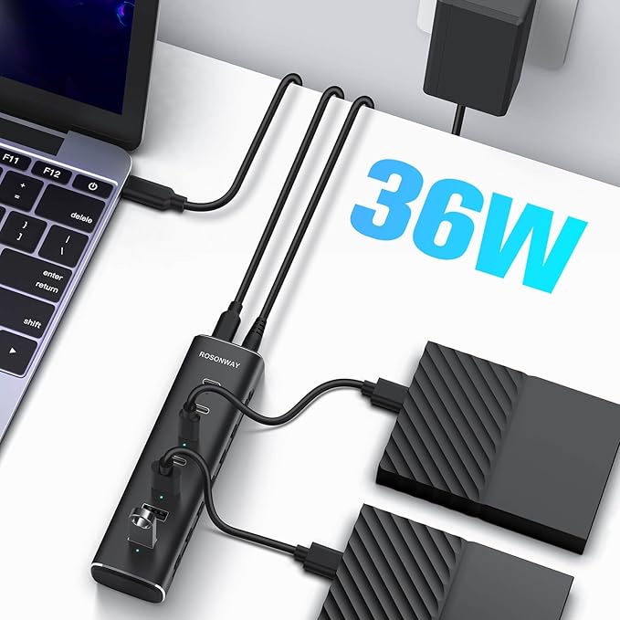 Rosonway 7 Ports Powered USB 3.2/USB C Hub 10Gbps with 4 USB-C 3.2, 3 USB-A 3.2 Ports, 3.3ft Cable and 36W(12V/3A) Power Adapter, Aluminum USB Splitter for Laptop, RSH-H7C4