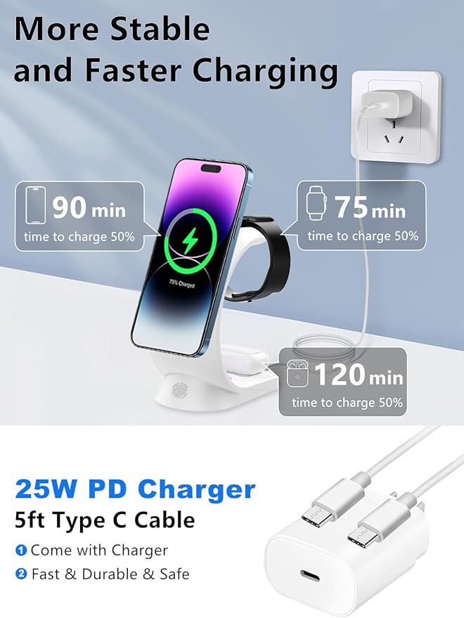 Mag-Safe 3 in 1 Wireless Charging Station, [6-Color RGB Light] 15W Fast Magnetic Wireless Charger Stand for Multiple Devices Apple, for iPhone 17/Air/16/15 Pro Max, for iWatch 2 to 9