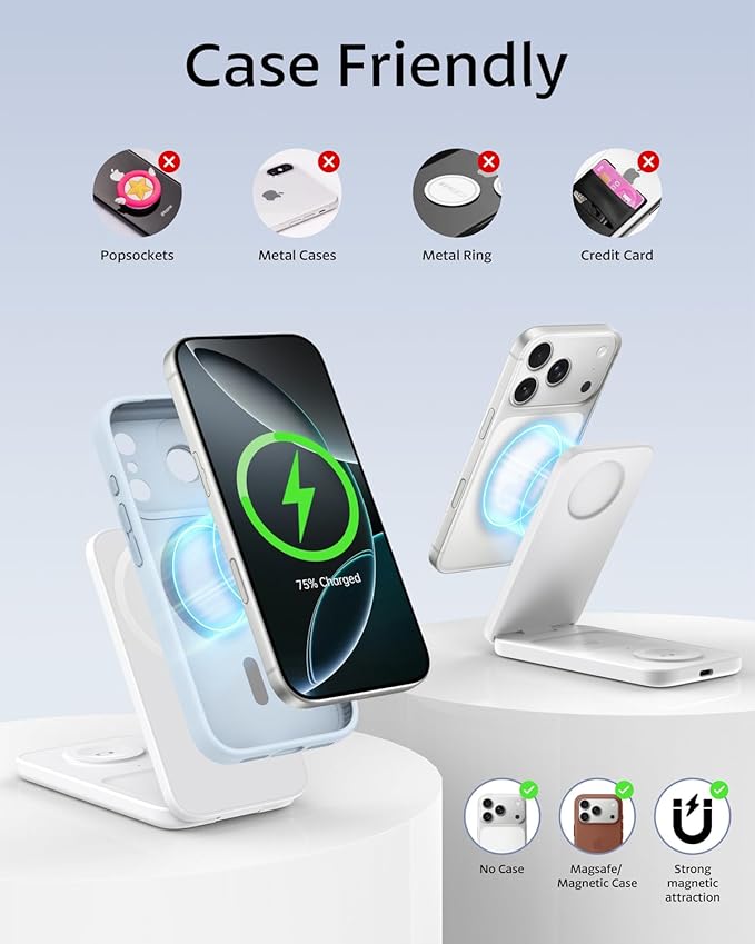 3 in 1 Charging Station for Apple Devices, MagSafe Compatible Ultra-Slim Foldable Travel Wireless Charger for iPhone 17/16/15/14/13/12 Pro Max Plus, Apple Watch Series/Ultra/SE and AirPods Pro