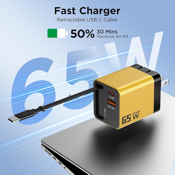 65W GaN USB C Charger with Retractable Charging Cable, 3-Port Power Adapter | Fast travel charger for MacBook, iPhone 17 16 15, Samsung Galaxy S24, iPad, multi port compact wall charging block,Yellow