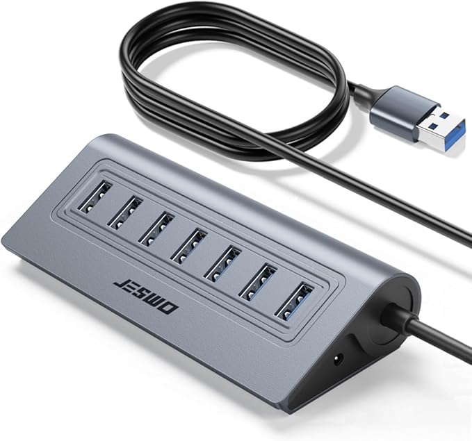 USB Hub 3.0, JESWO Aluminum 7 Port USB 3.0 Hub with 3.3Ft Cable, USB Splitter with 7-USB3.0 Data Ports Compatible with MacBook, Laptop,Surface Pro, PS5, PC and More (No Power Adapter Included)