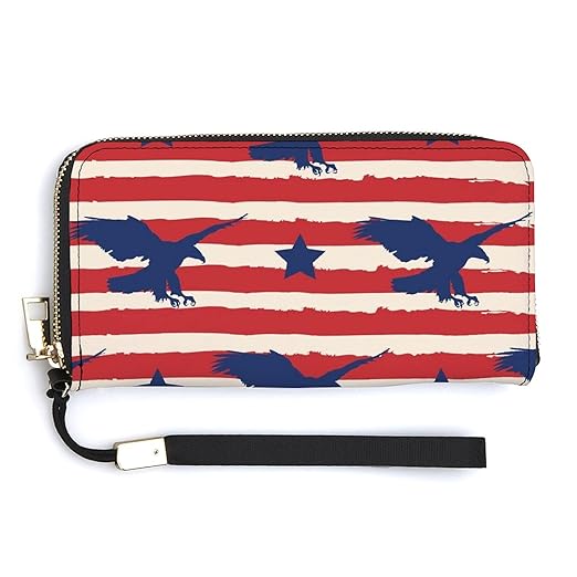 Clutch Wallet Holder for Women Men American Eagle Pattern Colorful Portable Accordion Zipper Credit Card Storage Bag Waterproof Purse Leather Wallet for Travel Work Shopping