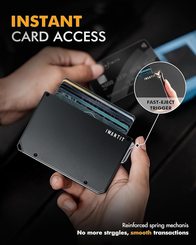 iwantit Pop Up Wallet for Men, Slim Minimalist Credit Card Holder with Money Clip - Man Metal Aluminum Wallet RFID Blocking, Smart Tactical Wallet for Men, Gift for Men (Black)