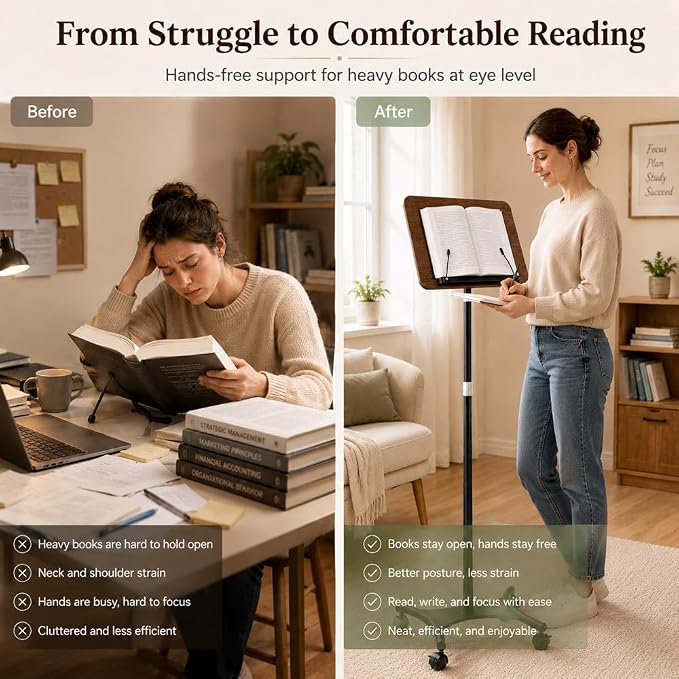 Rolling Book Stand with Wheels, Adjustable Sheet Music & Reading Stand | 16.5 x 11.8 in panel | 19-57 in adjustable height | 360° angle | Lockable wheels | For books, music, tablets