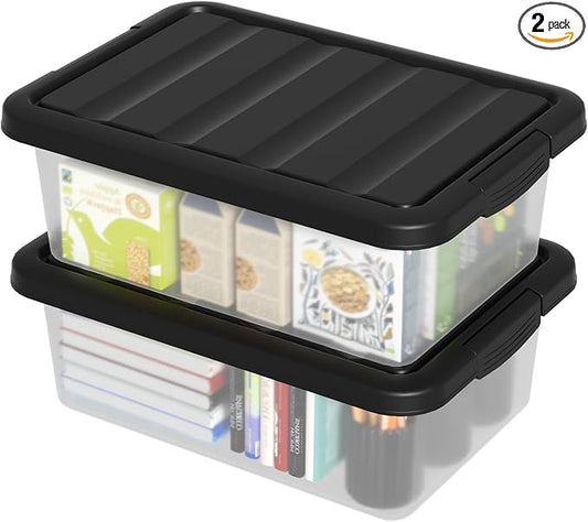 14 Quart Plastic Stackable Storage Bin, Basic Clear Storage Box with Black Lid (Pack of 2)