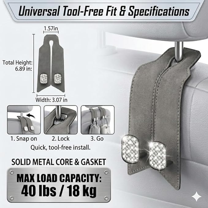 2Pcs Bling Car Headrest Hooks, Premium Leather & Sparkling Rhinestone Dual Metal Hooks, Back Seat Organizer for Bags, Coats, Purses and Groceries (Crystal Gray)