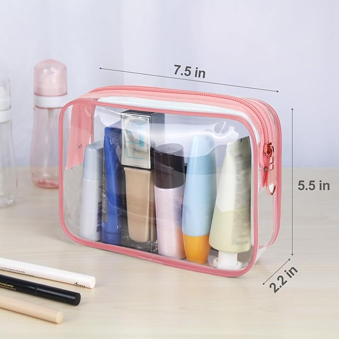 Wedama TSA Approved Toiletry Bag, Cosmetic Bags 3 Pack with Zipper Carry on Airline Airport Travel Accessories, PVC Makeup Bags for Travel, Quart Size Travel Bags for Men and Women-Pink