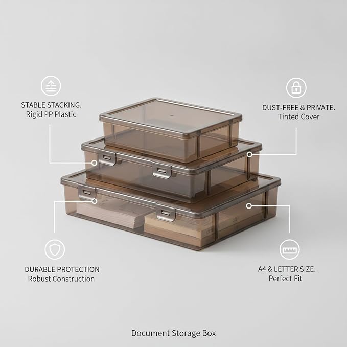 Stackable Document Storage Box with Lid, Rigid PP Plastic File Organizer for Letter & A4 Papers, Brown