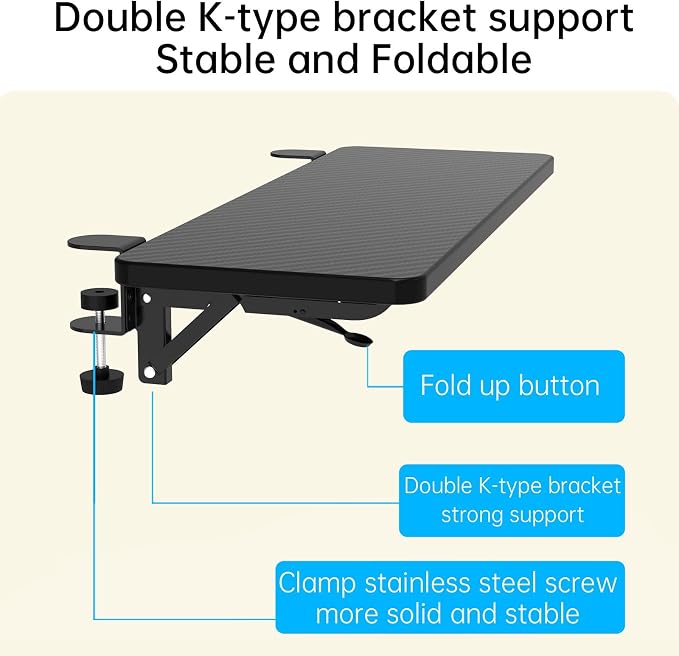 Sisyphy Ergonomics Desk Extender Tray, 29.5x9.5" Punch-Free Clamp on, Foldable Keyboard Drawer Tray, Table Mount Arm Wrist Rest Shelf, Computer Elbow Arm Support