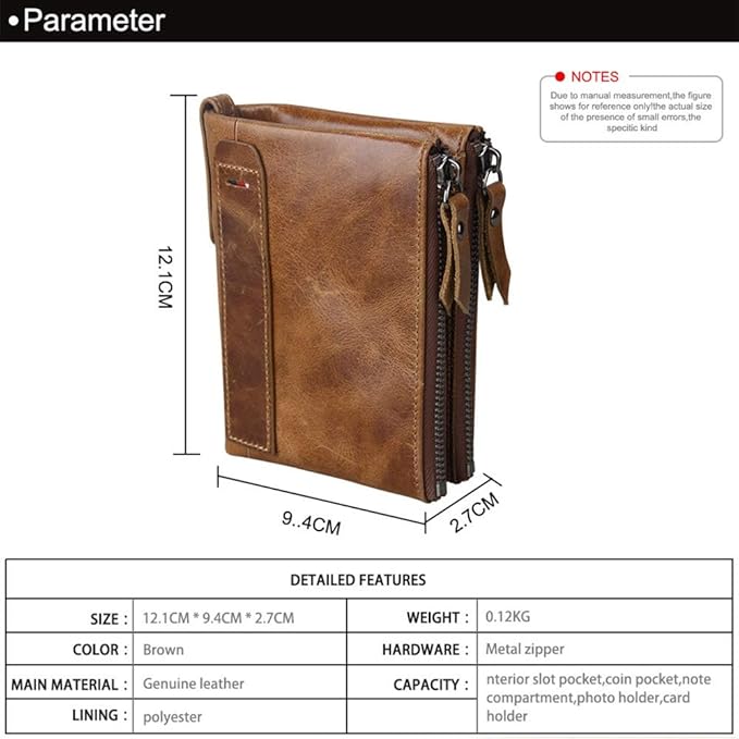 Men's Folding Double Zip Wallet RFID Blocks Retro Short Coin Purse