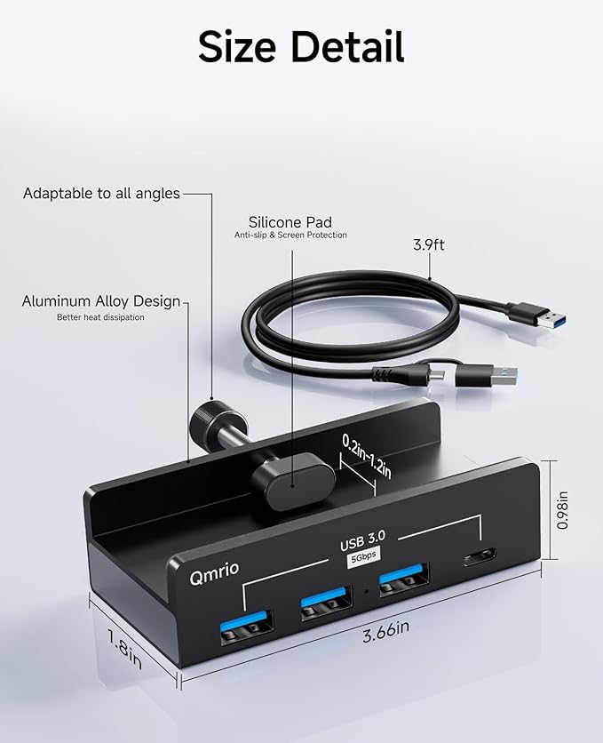 USB Hub 3.0, 5Gbps Clamp USB Hub for Desk/Monitors with Extra Power Supply Port, 3 USB-A Data Ports, USB-C Data Port for iMac Pro/iMac (Black)