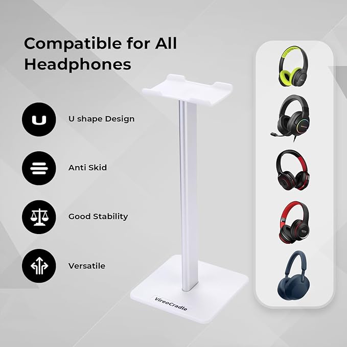 Headphone Stand for Desk - U Shaped Universal Headset Holder with Flexible Headrest, Sturdy Gaming Headphone Holder for Desk, Anti-Slip Base Headset Stand, Compatible with most Headphones (White)