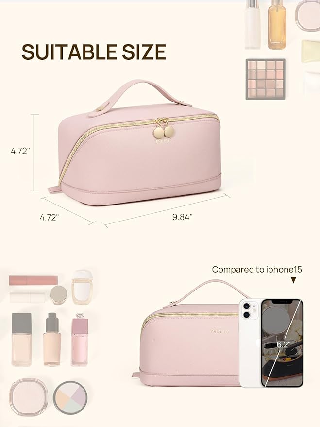Telena Leather Make Up Bag Portable Travel Makeup Bag Waterproof Cosmetic Bags for Women Large Capacity With Handle and Divider Open Lay Flat Pink