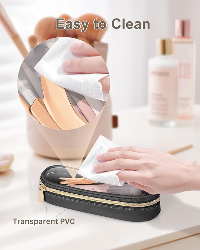 Soimeat Clear Travel Makeup Brush Holder, Leather Makeup Brush Toiletry Bag, Portable Cosmetic Brush Case, Transparent Waterproof Makeup Brush Storage Bag, Black, Large