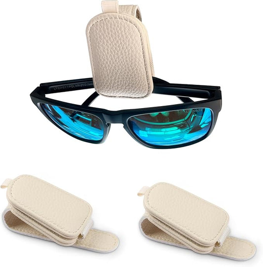 LTOHOE 2 Pack Sunglass Holder for Car, Magnetic Leather Sunglasses Holder and Ticket Card Clip, Universal for Different Size Glasses, Car Visor Accessories(Beige)