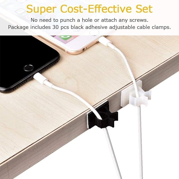 Viaky 30 Pcs Black Cable Wire Clips Adjustable Nylon Wire Holder Adhesive Cable Management Suitable for Maximum Diameter 0.5 inch (12.5mm) Cables