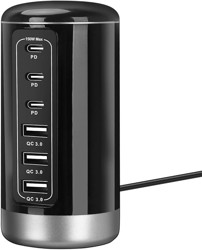 Universal USB Tower Fast Charging Station 6-Port 150W - Compact, Space-Saving Design with Multiple USB-C Ports for All Series iPhone Galaxy Note Pixel iPad Multiple Devices