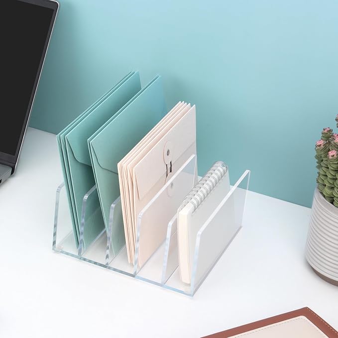 Acrylic File Organizer for Desk, 5 Sections Mail Sorter Organizer Holder, Acrylic Desk Organizer for Document, Letter, Notebook