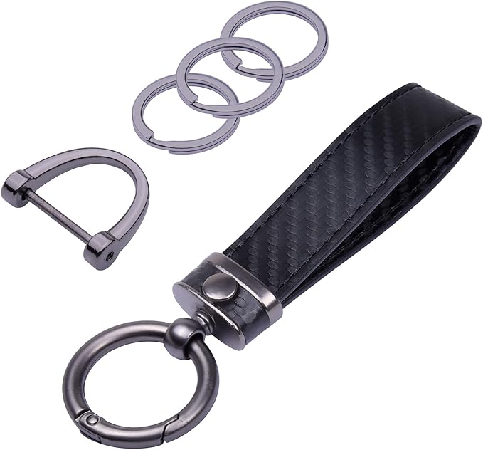 Wisdompro Carbon Fiber Style Car Keychain, Microfiber Leather Key Chain, Universal Key FOB Keychain Holder for Men and Women, with Anti-lost D-ring, 3 Keyrings - Black (with round connector)