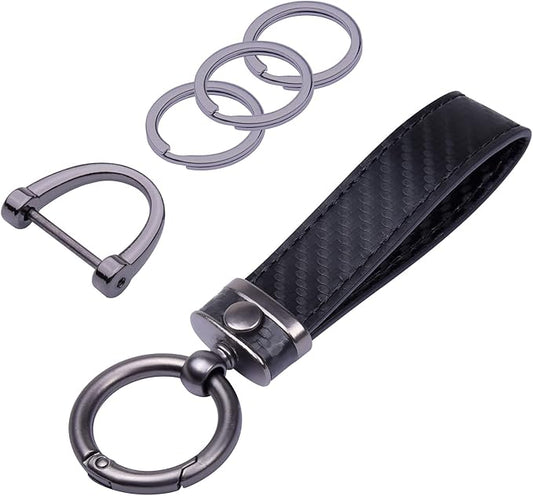 Wisdompro Carbon Fiber Style Car Keychain, Microfiber Leather Key Chain, Universal Key FOB Keychain Holder for Men and Women, with Anti-lost D-ring, 3 Keyrings - Black (with round connector)