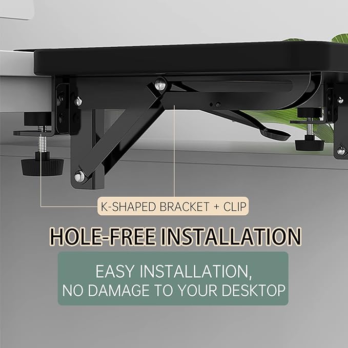 Ergonomics Desk Extender Tray, 9.5x9.1" Punch-Free Clamp on, Foldable Keyboard Drawer Tray, Table Mount Arm Wrist Rest Shelf, Computer Elbow Arm Support