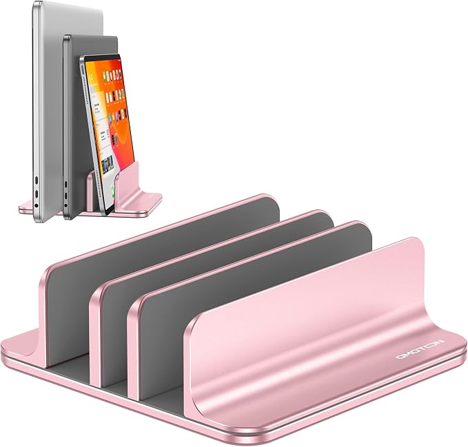 OMOTON Vertical Laptop Stand [Updated 3-Solts Version], Desktop Aluminum Mac Book Stand with Adjustable Dock Size, Fits All Mac Book, Surface, Chrome Book and Gaming Laptops (Up to 17.3 in),Rosegold