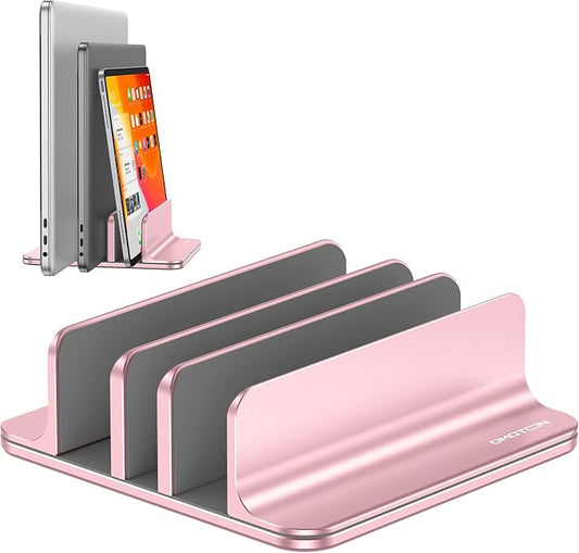 OMOTON Vertical Laptop Stand [Updated 3-Solts Version], Desktop Aluminum Mac Book Stand with Adjustable Dock Size, Fits All Mac Book, Surface, Chrome Book and Gaming Laptops (Up to 17.3 in),Rosegold