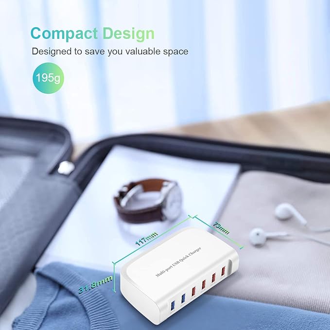 USB Fast Charger, 6-Port Portable Charging Station, Suitable for Various Devices, Compatible with iPhone, iPad, Samsung, Google, Xiaomi, Huawei and Other USB Charging Devices