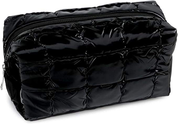 3Pcs Puffer Quilted Makeup Bag Travel Cosmetic Bag Set Portable Puffy Checkered Toiletry Pouch Skincare Organizer Purse Pencil Case (Black)