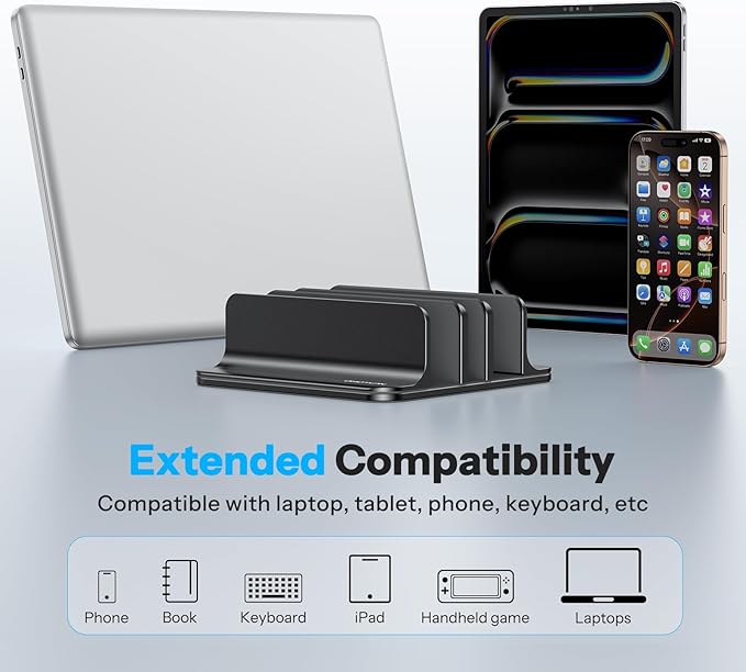 OMOTON Vertical Laptop Stand [Updated 3-Slots Version], Desktop Aluminum Mac Book Stand with Adjustable Dock Size, Fits All Mac Book, Surface, Chrome Book and Gaming Laptops (Up to 17.3 inch), Black