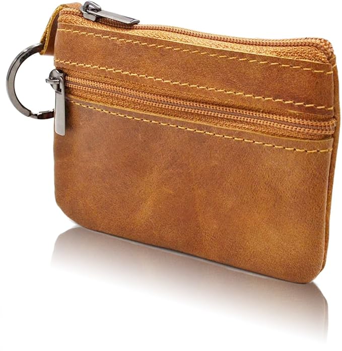 Freezx Women Genuine Leather Coin Pouch Zip Mini Purse Wallet Key Chain Double Zipper