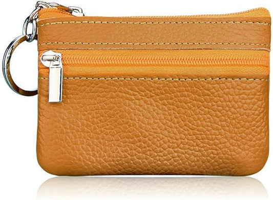 Hibate Yellow Small Leather Coin Purse Change Pouch for Women Men Kids with Zip Key Ring