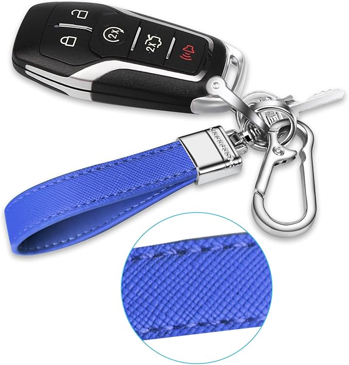 QBUC Genuine Leather Car Keychain,Universal Heavy Duty Metal Key Chain Accessories,Car Fob Key Keychain Holder with 360 Degree Rotatable Snap Swivel and Anti-Lost D-Ring for Men Women(Dark Blue)