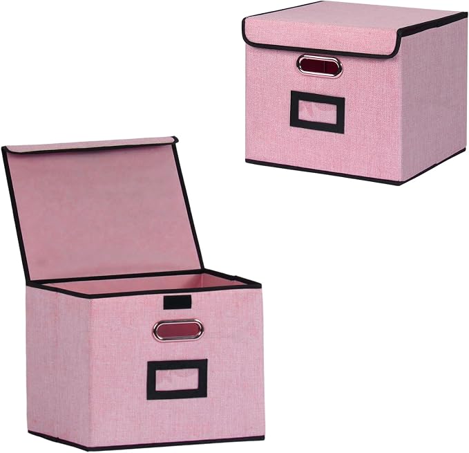 Large Square Storage Bin with Lid, Foldable Organizer Box with Handles & Label Design, for Office, Closet, Home, Documents, Pink, 12.20 x 10.63 x 10.63 Inches, 2 Pack