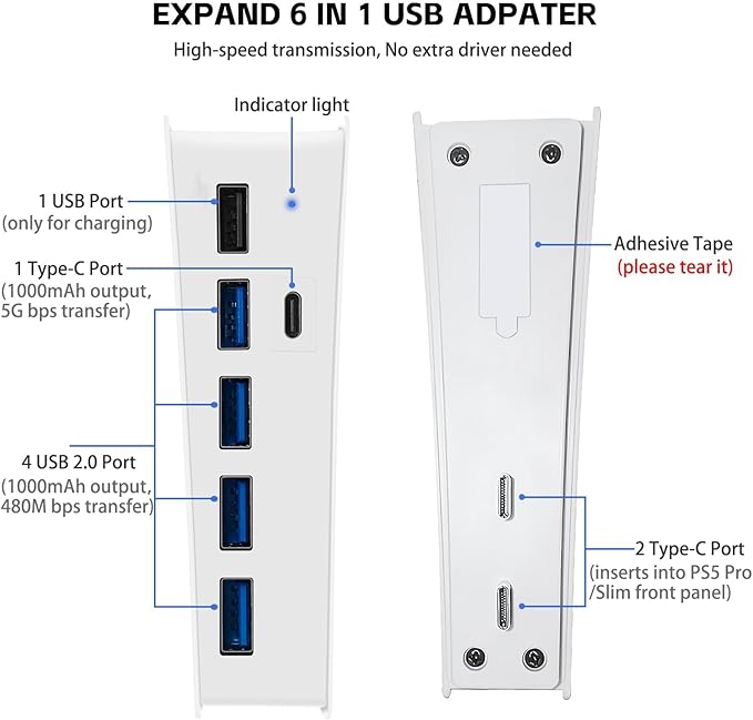 6 Ports USB Hub for PS5 Pro/Slim Console, High-Speed Expander Hub Charger Port with 4 USB-A 2.0 + 1 USB Charging Port + 1 Type C Port, Compatible with PlayStation 5 Pro/Slim Front Jacks, White