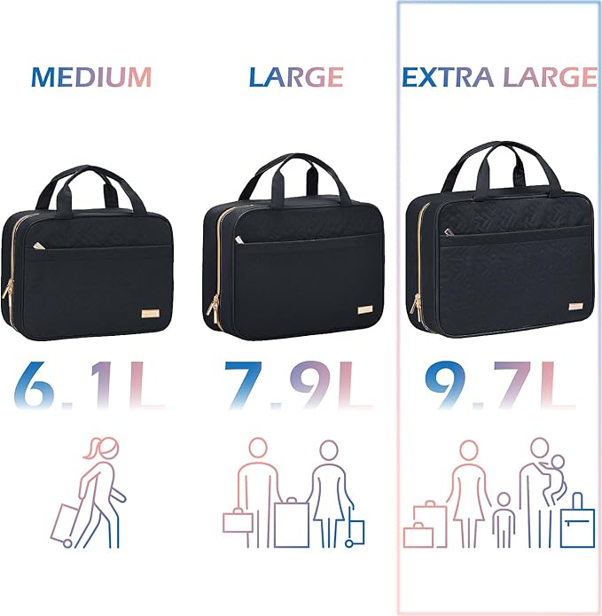 NISHEL Travel Toiletry Bag for women, Portable Hanging Organizer for Family-Sized Shampoo, Conditioner, Brushes Set, Makeup Accessories, Extra Large Size, Black