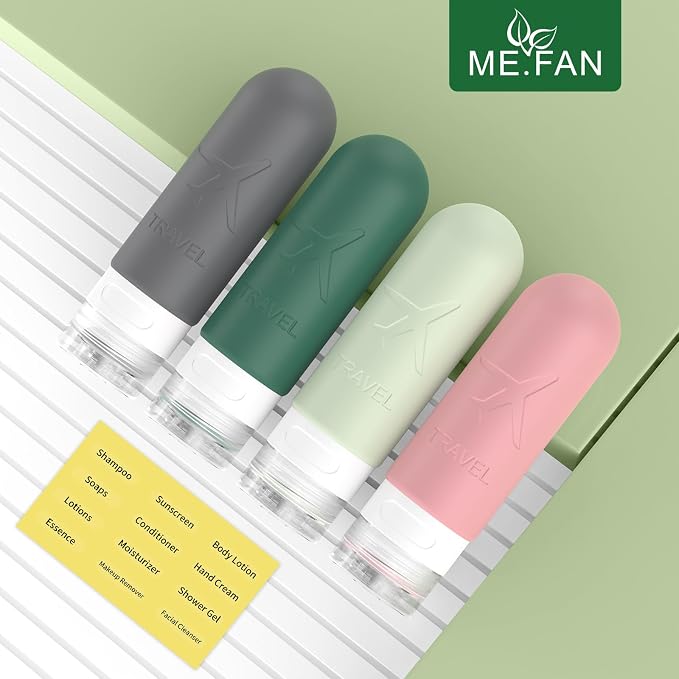 ME.FAN Travel Bottles for Toiletries,3oz Silicone Travel Size Containers, TSA Approved Squeezable Portable Split Bottle, Travel Accessories for Conditioner Shampoo Lotion - 4 Pack Morandi