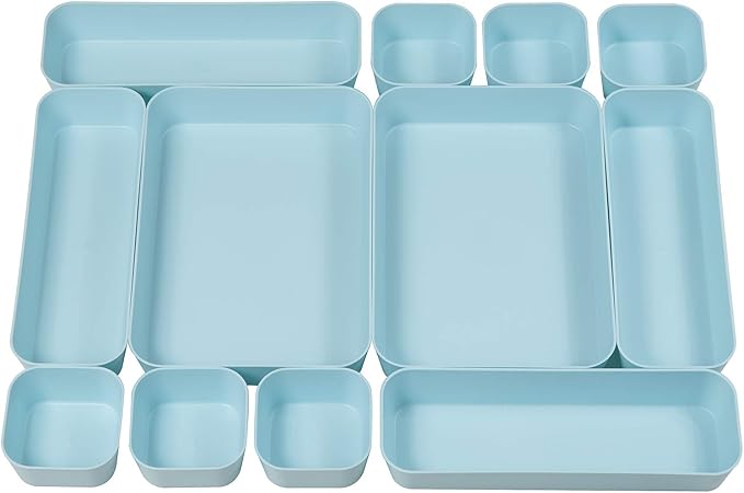 Backerysupply Set Of 12 Blue Color Plastic Desk Drawer Organizers For Makeup Bathroom Office Kitchen Vanity Drawer Storage Box Container