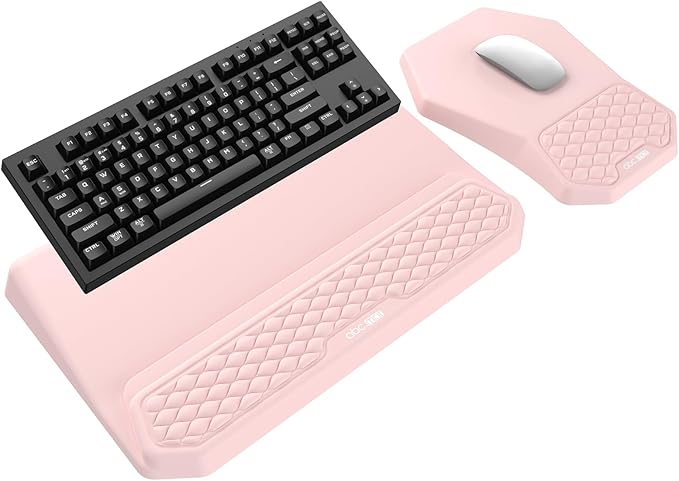 3-in-1 Ergonomic Keyboard Stand with Wrist Rest & Mouse Pad Set, Comfy Keyboard Riser Holder Soft Mousepad with Massage Design, Memory Foam and Non-Slip PU Base for Pain Relief, Pink