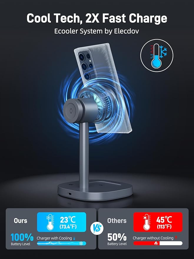 Magnetic Wireless Charger for Samsung, Qi2 Android MagSafe Charging Station with TEC Cooling Fan, 3 in 1 Nightstand Organizer for Samsung Galaxy S26 Ultra, Galaxy Watch Ultra 8, Buds4 Pro