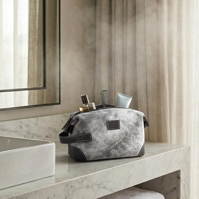 LEATHER VILLAGE Genuine Leather Dopp Kit for Men & Women – Travel Vintage Toiletry Bag with Waterproof Lining, Shaving & Bathroom Essentials Organizer - Distressed Grey