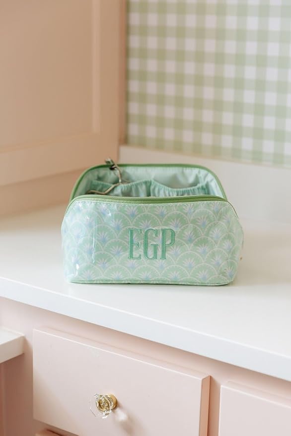 Personalized Flat Lay Makeup Bag - Clear-Coated Embroidered Cosmetic Organizer, Monogrammed Wide-Open Travel Pouch with Easy-Access Interior, Handmade Gift for Women (Palm)