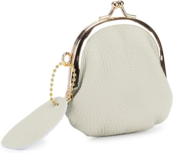 Women’s Small Coin Purse, Vintage PU Leather Change Purse, Coin Bag with Kiss Lock, Mini Coin Purse for Women (Off-White)
