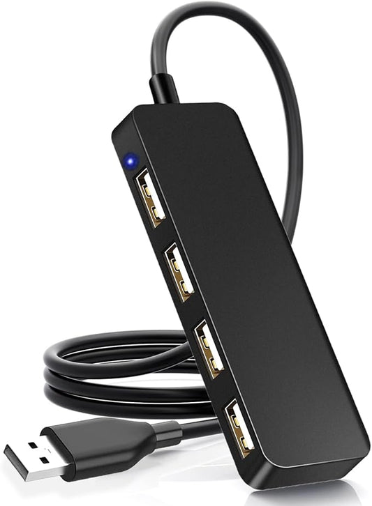 USB Adapter, 4-Port Extender for Laptop, PC, MacBook, Mac Pro, iMac, Surface Pro and More (Black - USB 2.0/1m)