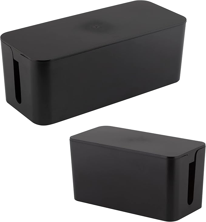 Simplify 2 Pack Cable Organizer Box | Multi-sized | Hidden Storage with Lid | Chargers & Wires | Computer & TV Cords | Black