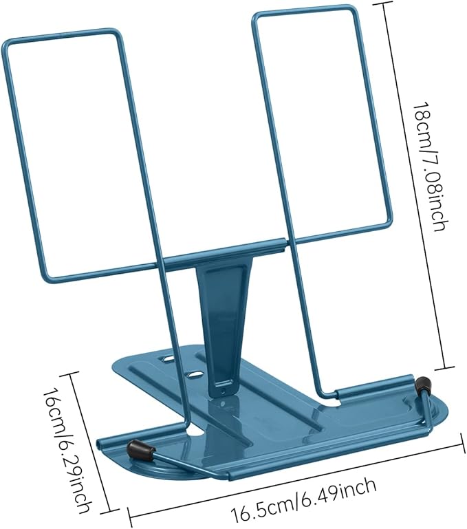MSDADA Metal Book Stand for Desk, Adjustable Reading Rest Book Holder, Portable Cookbook Documents Holder, Sturdy Typing Stand for Recipes Textbooks Tablet Music Books with Page Clips (Navy Blue)